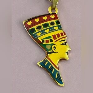 Flying Horse Pharaoh King Tut Egyptian Necklace Enamel Red Blue Green chain 16”
